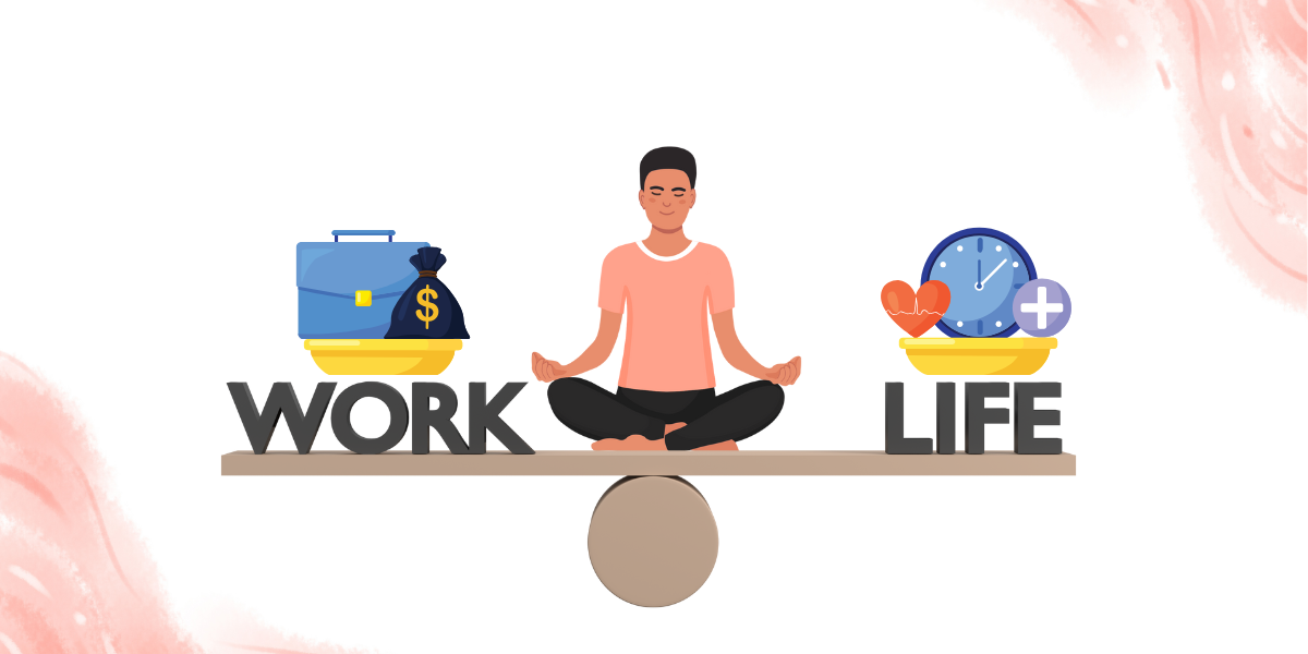 Calm businessman meditating on the scales and keep harmony choose between career and relax, business and family, leisure and money, office job and home. Work life balance concept in flat cartoon style