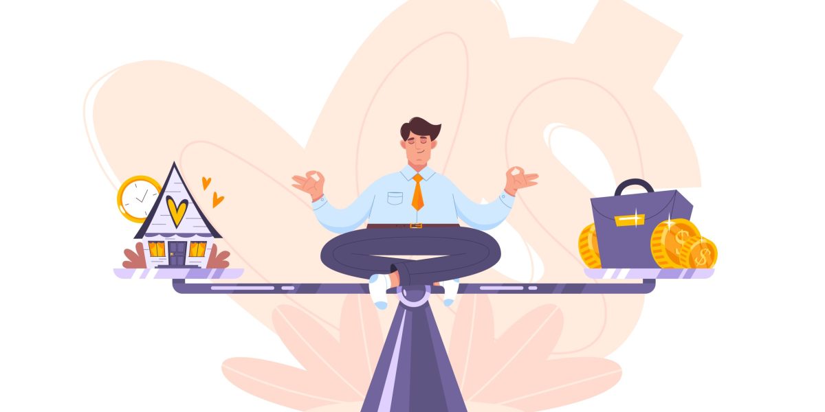 Calm businessman meditating on the scales and keep harmony choose between career and relax, business and family, leisure and money, office job and home. Work life balance concept in flat cartoon style