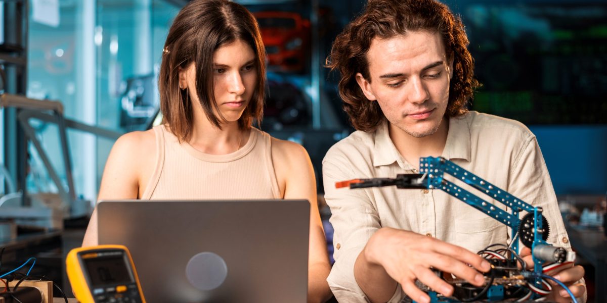 Young man and woman in protective glasses doing experiments in robotics in a laboratory using a computer. Robot and tools on the table